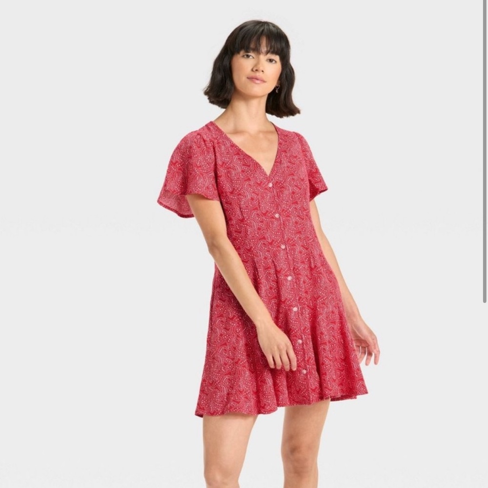 Universal Thread Short Sleeve Button Front Mini A-Line Dress Red Paisley XS